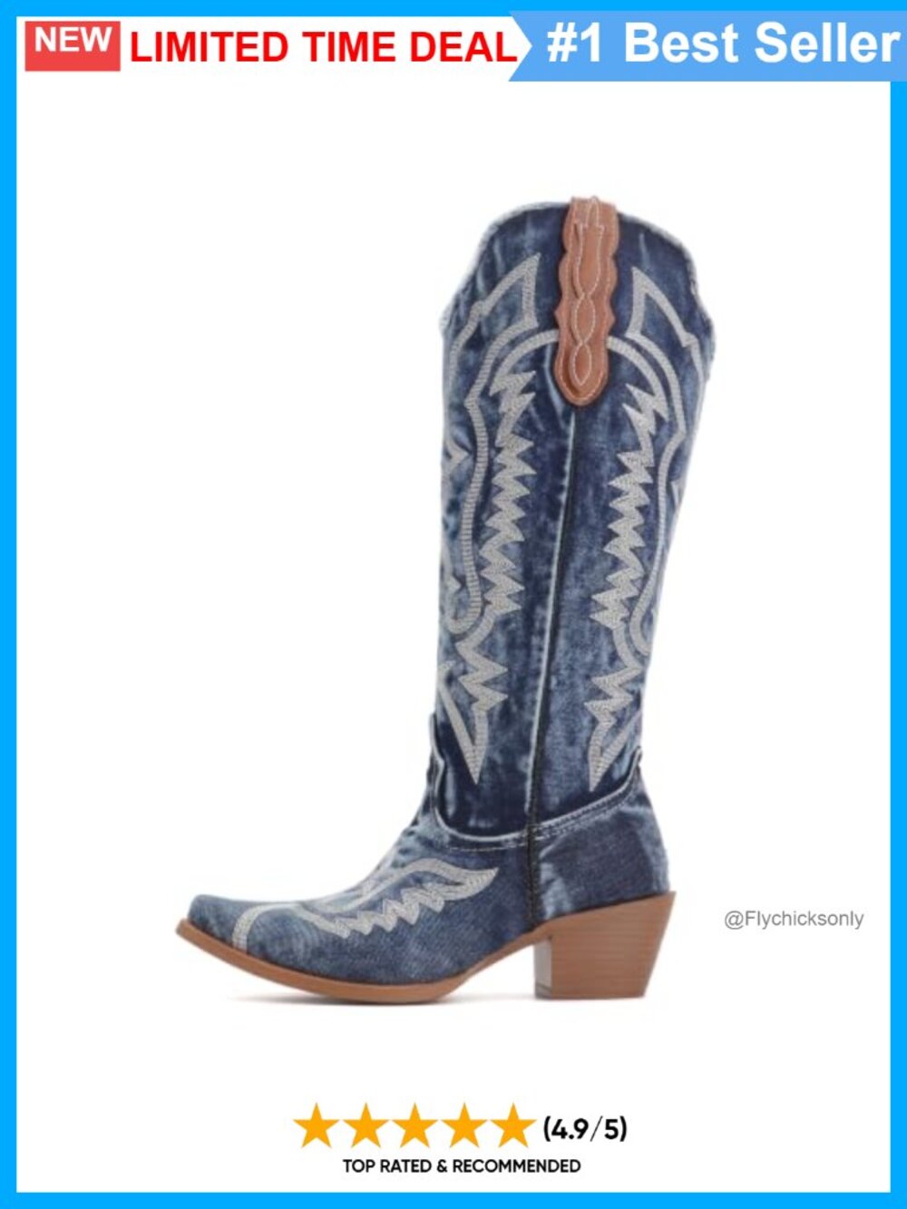 Denim Embroidered Cowboy Boots Pointed Toe Chunky Heel Knee High Western